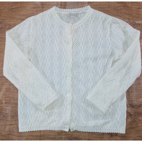 Vintage 60s 70s K-Mart Women's LG 40 Knit Cardigan Grandma Eyelet Ivory - Picture 2 of 8